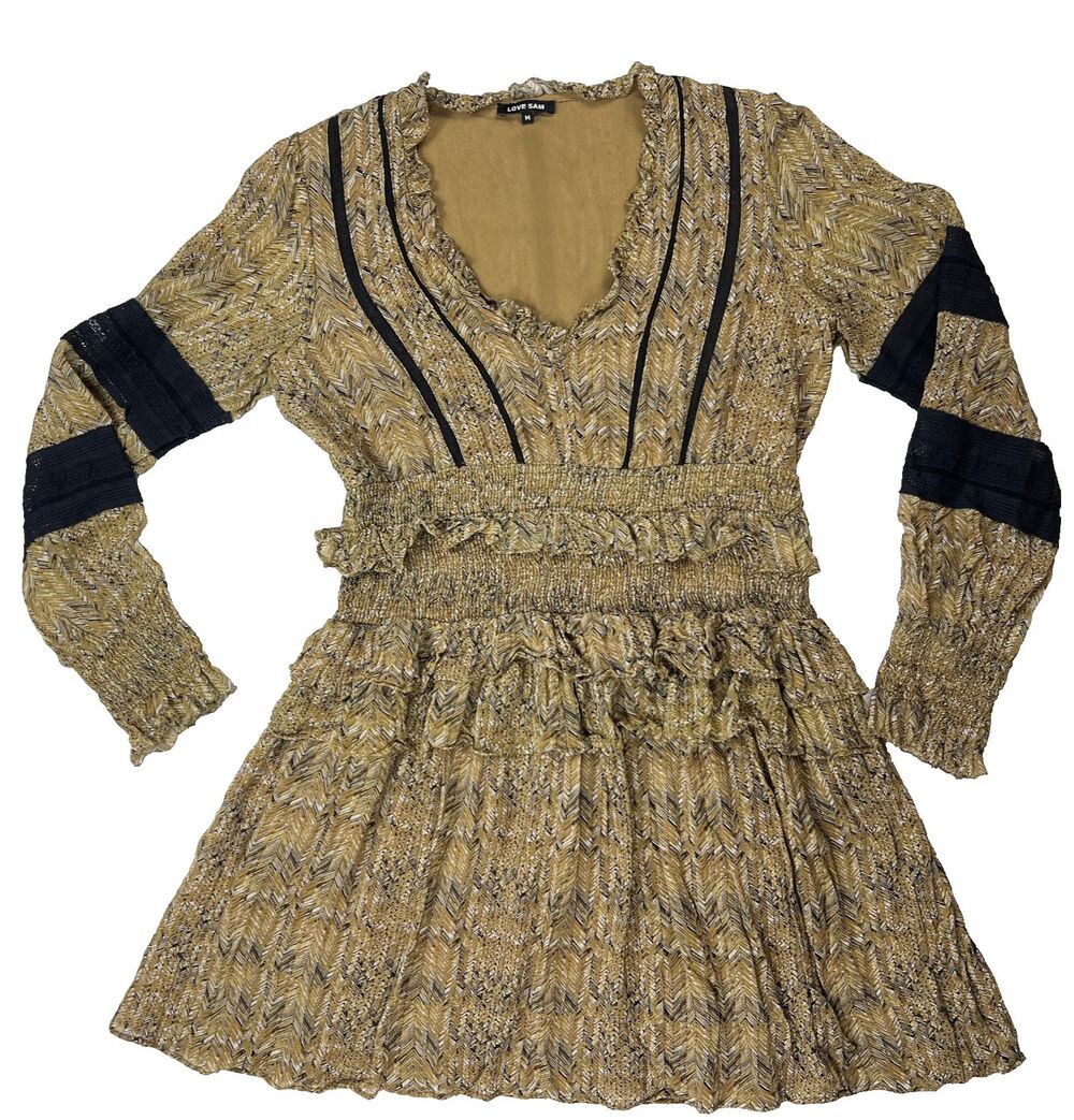 Love Sam Boho Chevron Tiered Ruffle Smocked Mini Dress Medium M Anthropologie